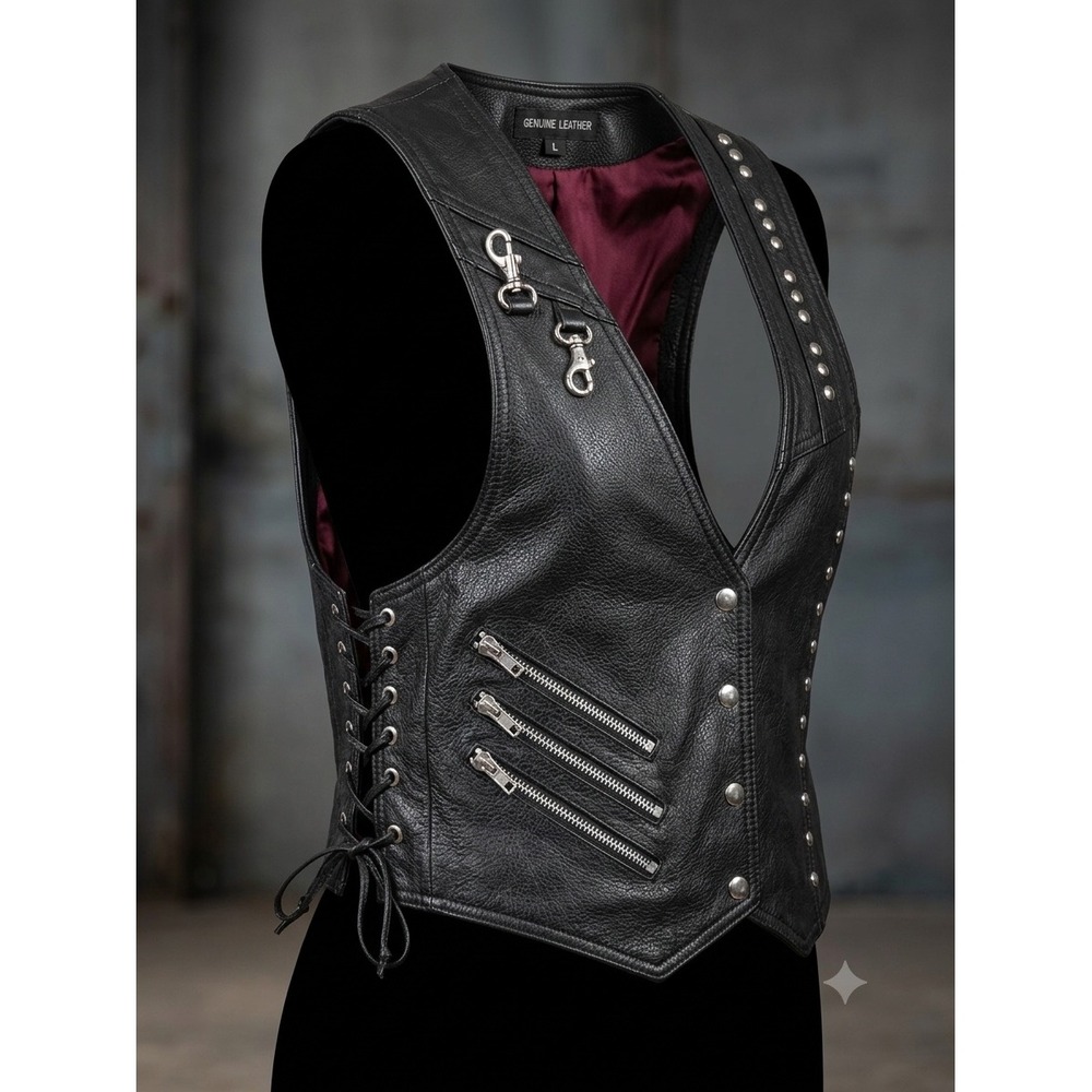 Vintage Heavyweight Premium Leather Biker Vest Studded Women's Moto Side Lace L - Picture 7 of 7